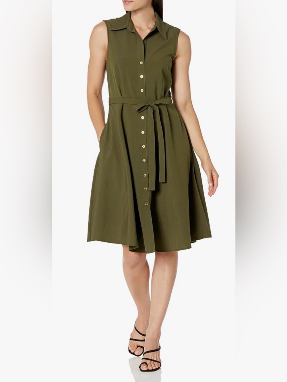 Sharagano Olive Sleeveless Button-Front Midi Dress with Tie Waist